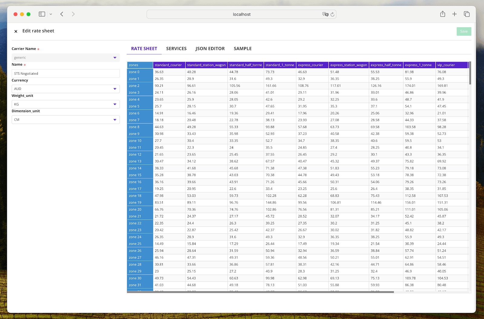 Rate Sheet Object