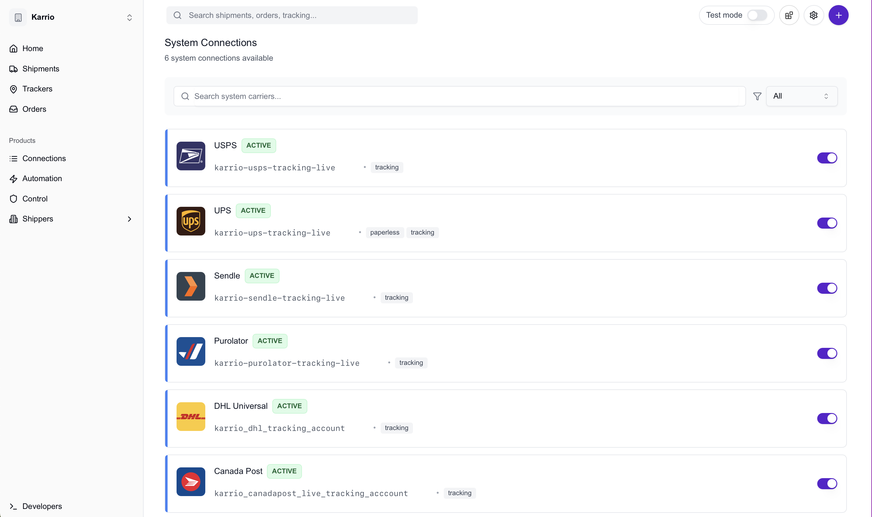 Carrier Connections Dashboard