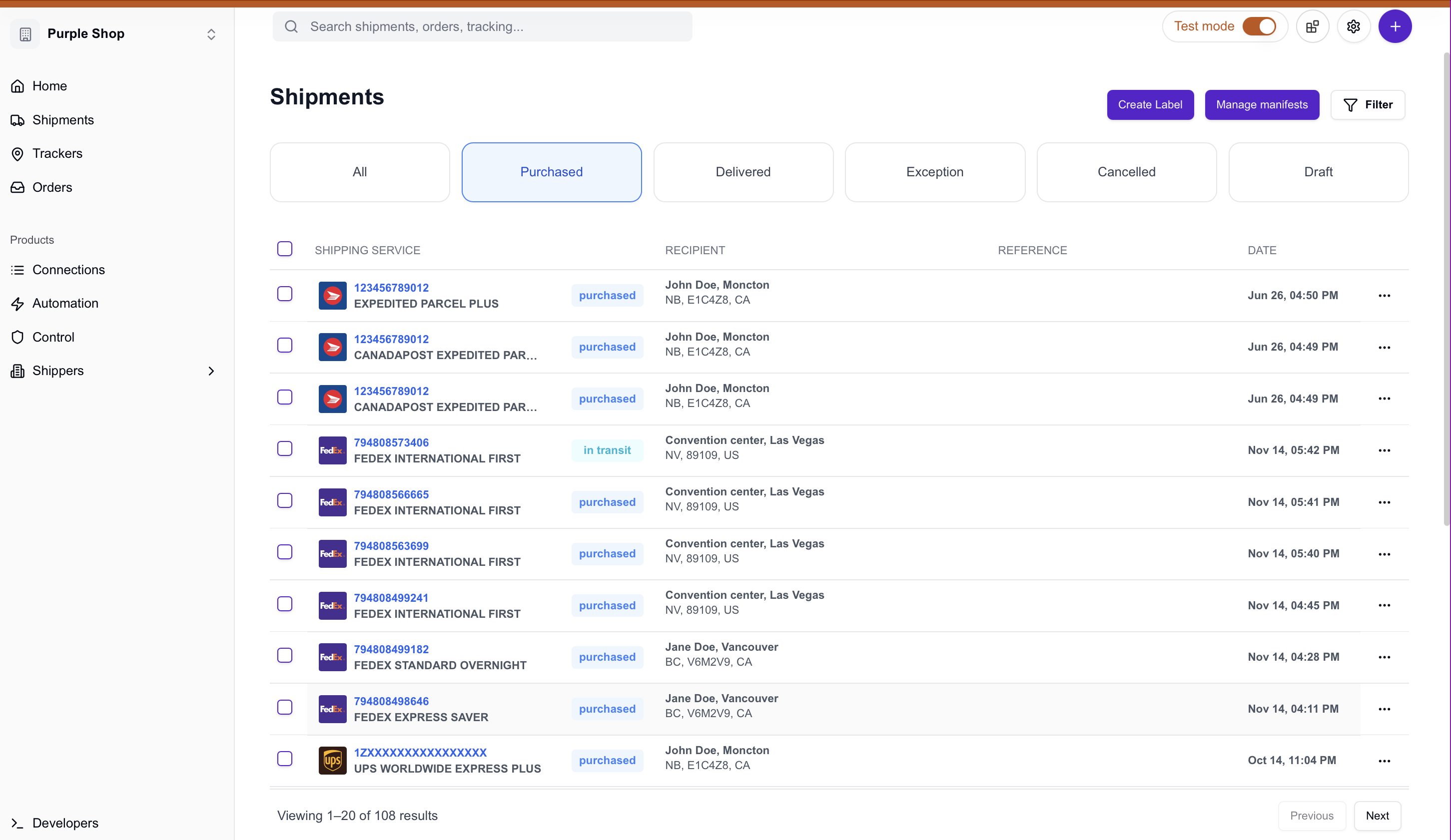 Rate comparison interface with carrier options and pricing
